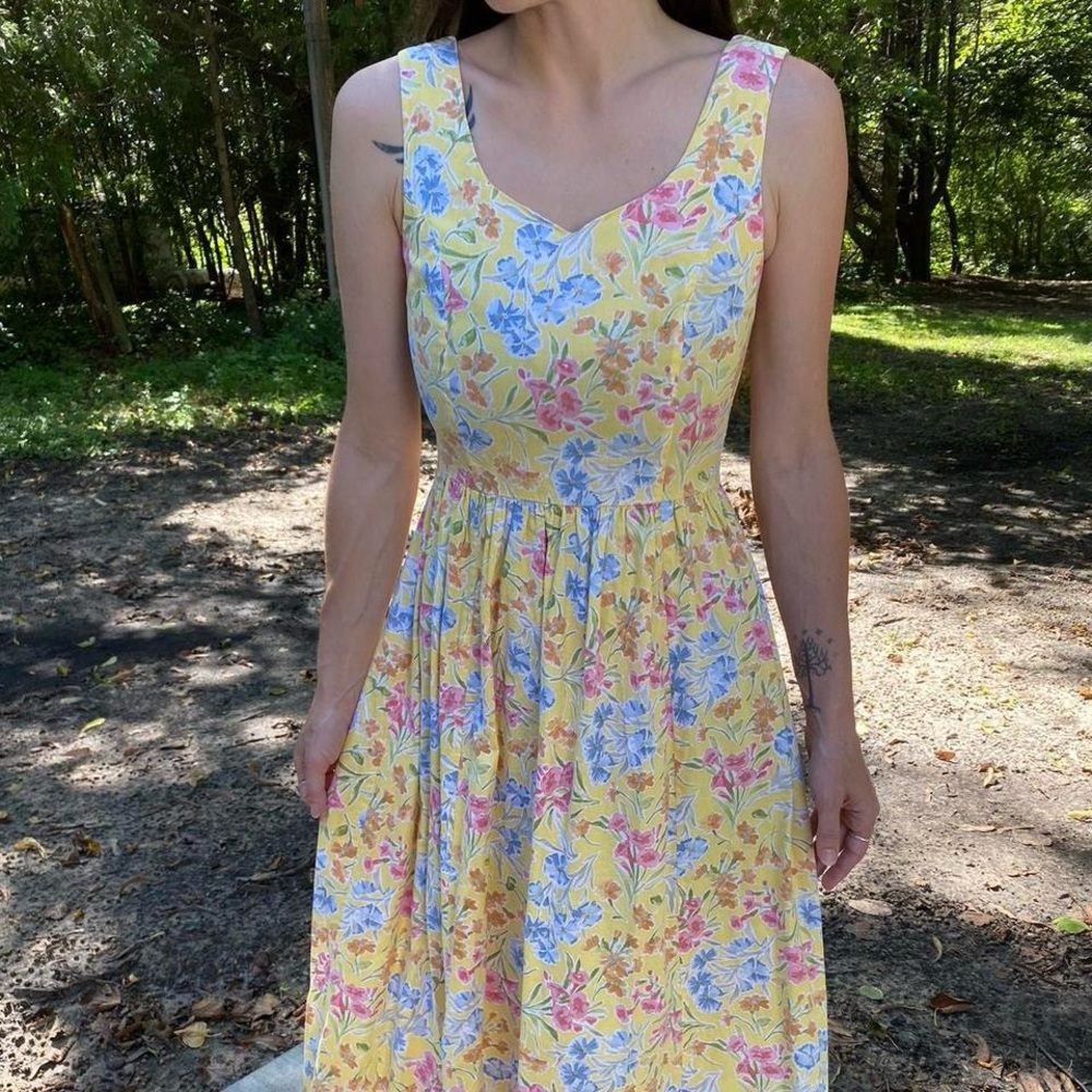 1980s yellow floral cotton Laura Ashley sundress